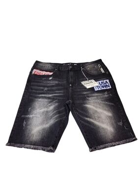 Born Fly Mens Size 38 Shorts Denim Distressed Cutout Patch Design Black Wash 10